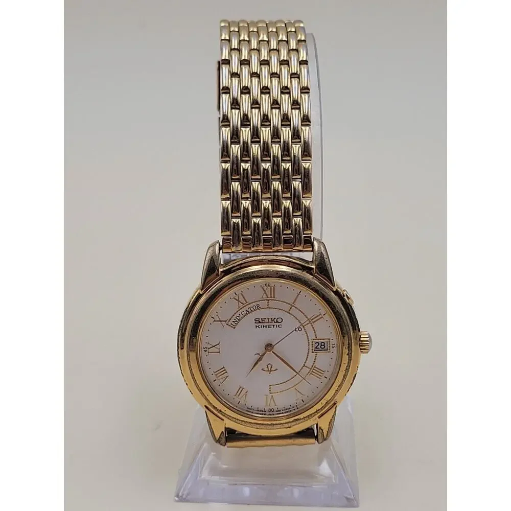 Rare Seiko Kinetic Wristwatch Gold Metal Movement 5M42-0A19 38MM Date